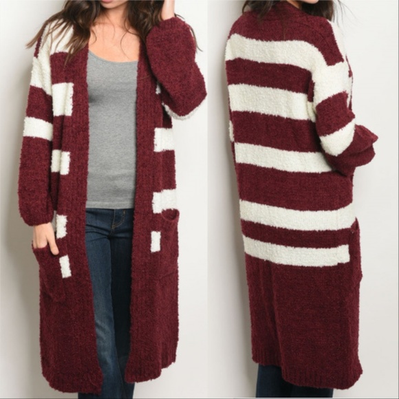 Sweaters - STRIPED CARDIGAN     BURGUNDY AND CREAM